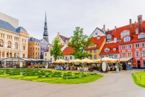 RIGA, LATVIA-JULY 10, 2017: Livu Square. The area of Livu is con