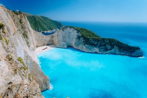 Navagio beach Zakynthos. Shipwreck bay with turquoise water and white sand beach. Famous marvel landmark location in Greece