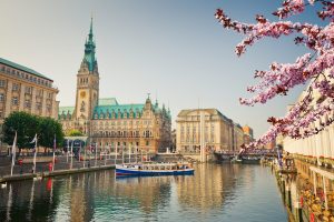 Hamburg,Townhall,And,Alster,River,At,Spring