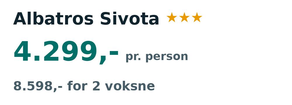 Prisoversigt fra Billund: 28. sep - 5. okt 26, 7 nætter, 4.299,- pr. person