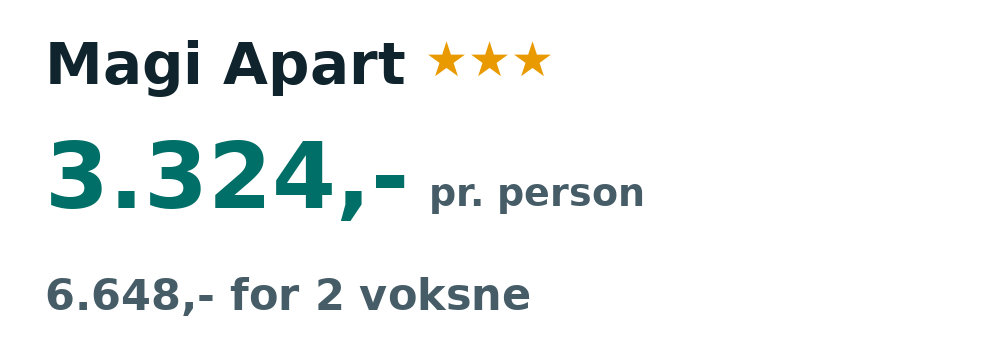 Prisoversigt fra Billund: 27. okt - 3. nov 26, 7 nætter, 3.324,- pr. person