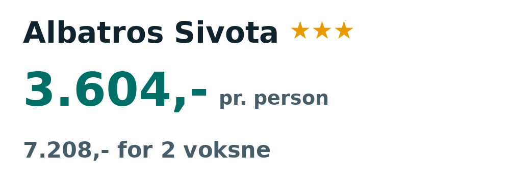 Prisoversigt fra Aalborg: 7. - 14. okt 26, 7 nætter, 3.604,- pr. person