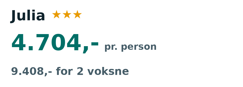 Prisoversigt fra Billund: 2. - 9. okt 26, 7 nætter, 4.704,- pr. person