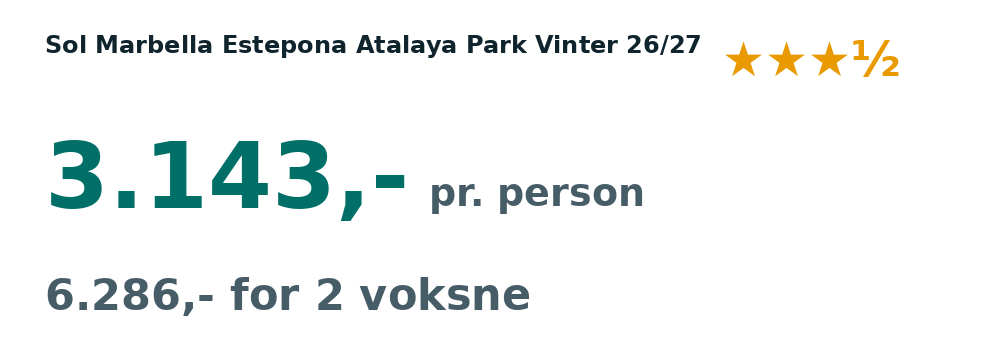 Prisoversigt fra Billund: 30. nov - 5. dec 26, 5 nætter, 3.143,- pr. person
