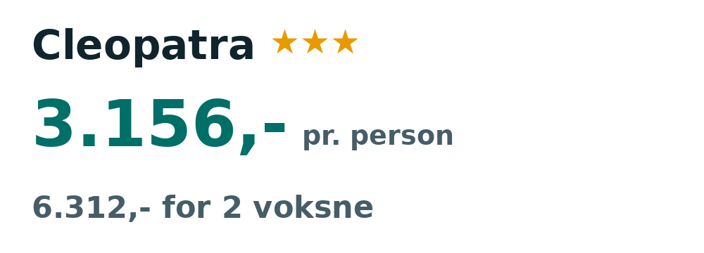 Prisoversigt fra København: 31. aug - 7. sep 26, 7 nætter, 3.156,- pr. person
