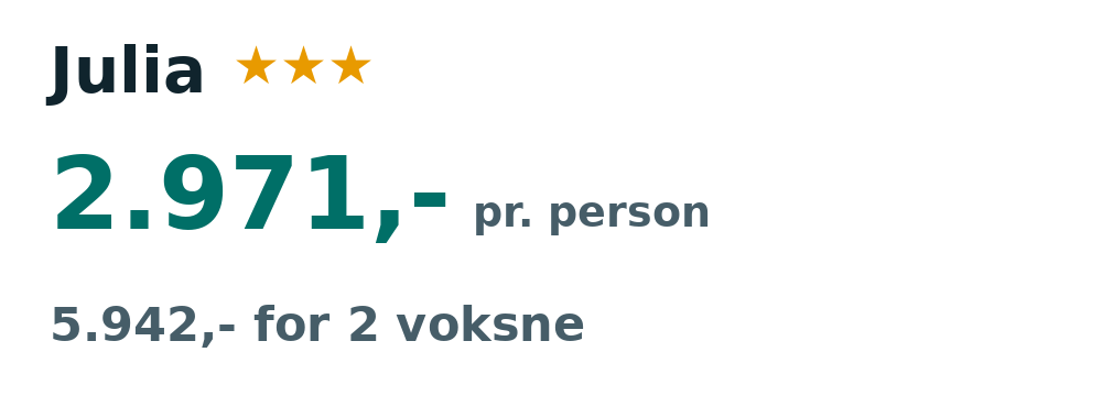 Prisoversigt fra Aalborg: 30. sep - 7. okt 26, 7 nætter, 2.971,- pr. person
