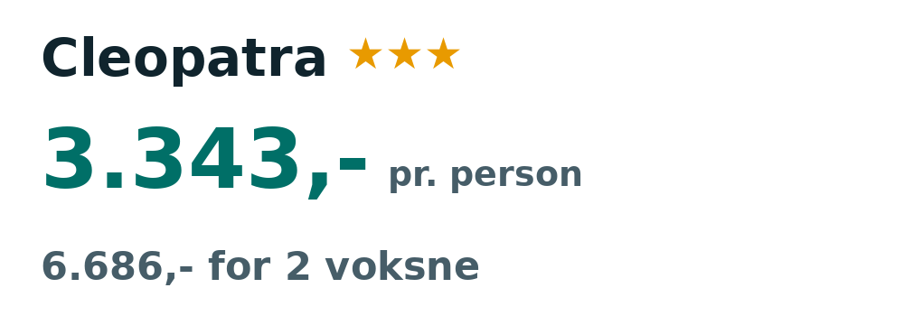 Prisoversigt fra Billund: 4. - 11. sep 26, 7 nætter, 3.343,- pr. person