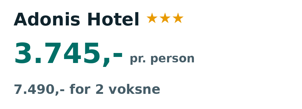 Prisoversigt fra Billund: 31. aug - 7. sep 26, 7 nætter, 3.745,- pr. person