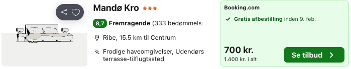 Se det aktuelle tilbud til Mandø Kro Ribe