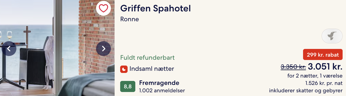 Prisdokumentation fra hoteludbyderen