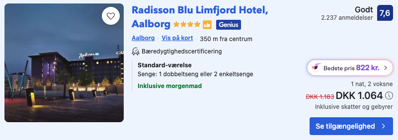 Prisdokumentation fra hoteludbyderen