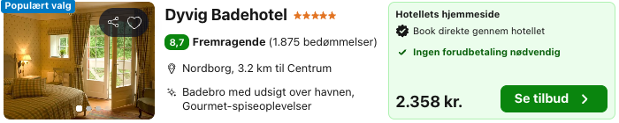 Se det aktuelle tilbud til Dyvig Badehotel Nordborg