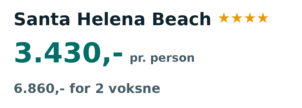 Prisoversigt fra København: 31. okt - 7. nov 26, 7 nætter, 3.430,- pr. person