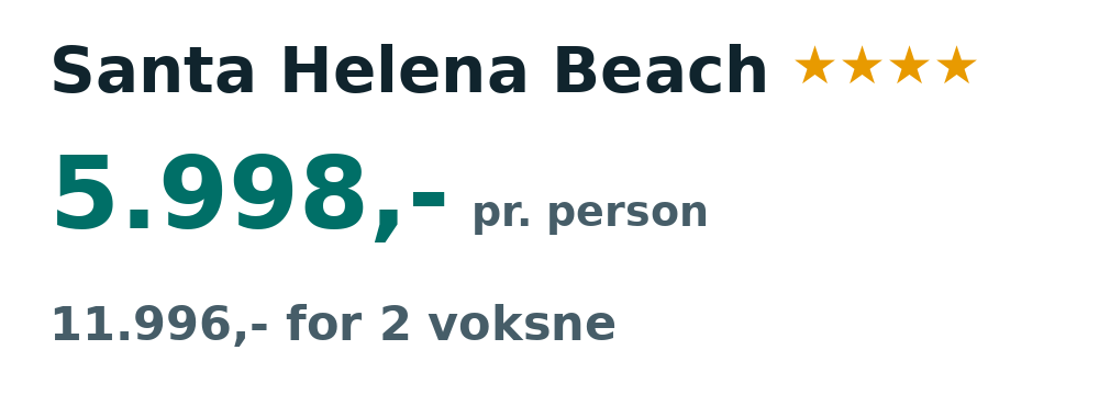 Prisoversigt fra Billund: 17. - 25. okt 26, 7 nætter, 5.998,- pr. person