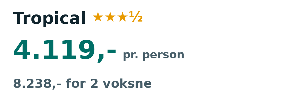 Prisoversigt fra Billund: 28. sep - 5. okt 26, 7 nætter, 4.119,- pr. person