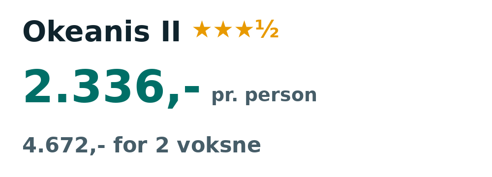 Prisoversigt fra Billund: 1. - 8. okt 26, 7 nætter, 2.336,- pr. person