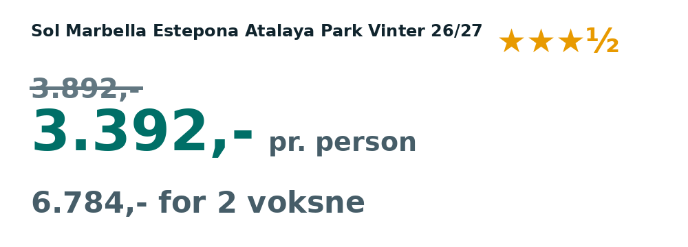 Prisoversigt fra København: 15. - 24. dec 26, 9 nætter, 3.392,- pr. person