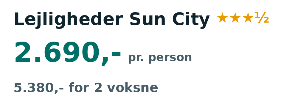 Prisoversigt fra København: 30. okt - 6. nov 26, 7 nætter, 2.690,- pr. person
