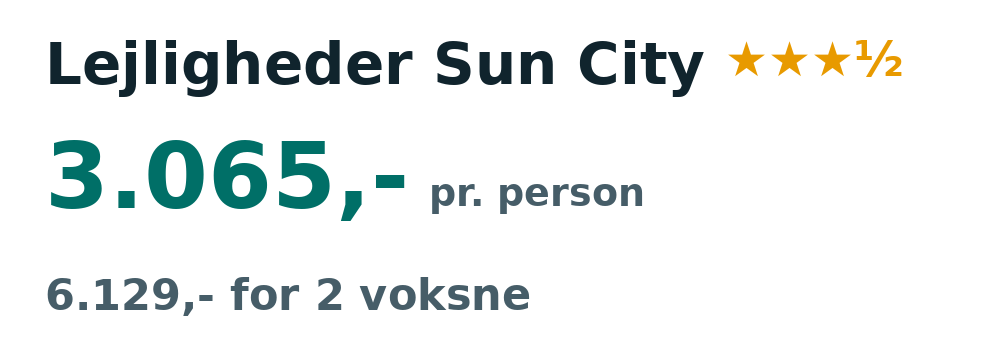 Prisoversigt fra Billund: 29. okt - 5. nov 26, 7 nætter, 3.065,- pr. person
