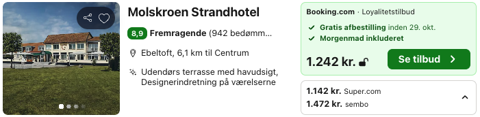 Se det aktuelle tilbud til Molskroen Strandhotel Ebeltoft