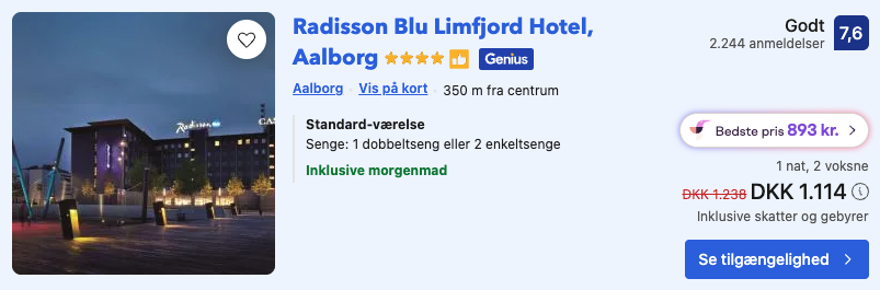 Prisdokumentation fra hoteludbyderen