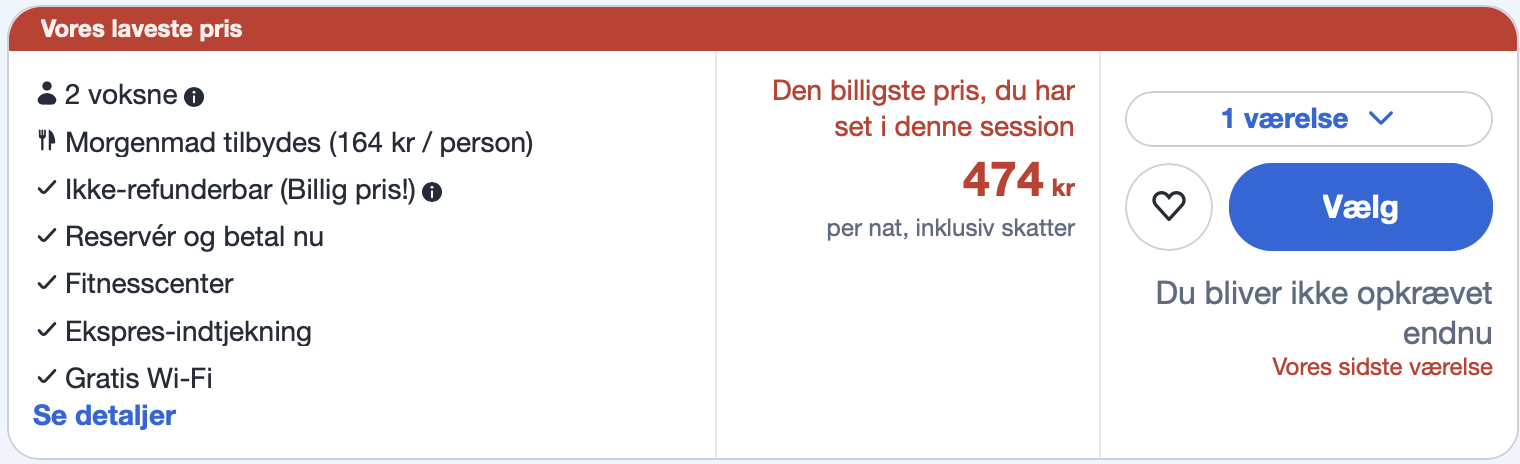 Prisdokumentation fra hoteludbyderen