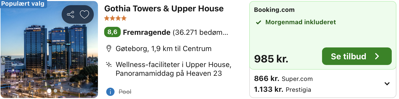 Se det aktuelle tilbud til Gothia Towers Upper House Gøteborg