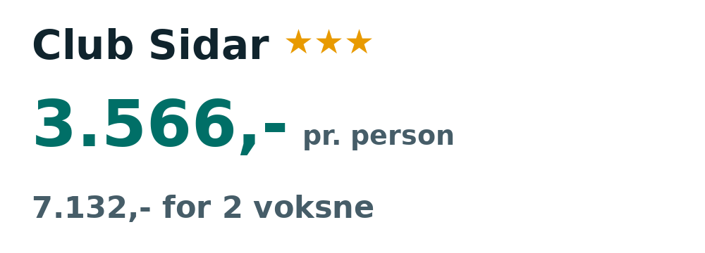Prisoversigt fra København: 31. okt - 22. nov 26, 22 nætter, 3.566,- pr. person