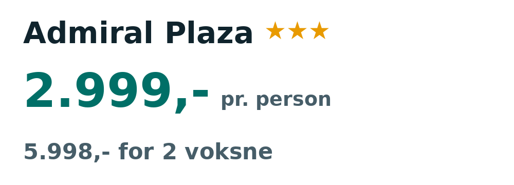 Prisoversigt fra København: 29. maj - 5. jun 27, 7 nætter, 2.999,- pr. person