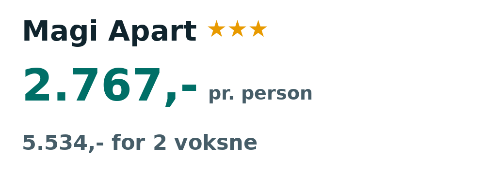 Prisoversigt fra Billund: 30. okt - 5. nov 26, 6 nætter, 2.767,- pr. person